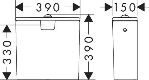 Weißer Aufsatzspülkasten mit seitlichem Wasseranschluss. Abmessungen: 390 mm Breite, 390 mm Höhe, 150 mm Tiefe. Herstellermarke: Hansgrohe.